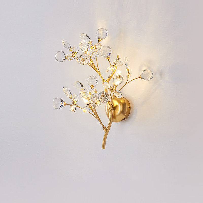 Modern Luxury Crystal Floral Branch Iron 3-Light Wall Sconce Lamp For Living Room