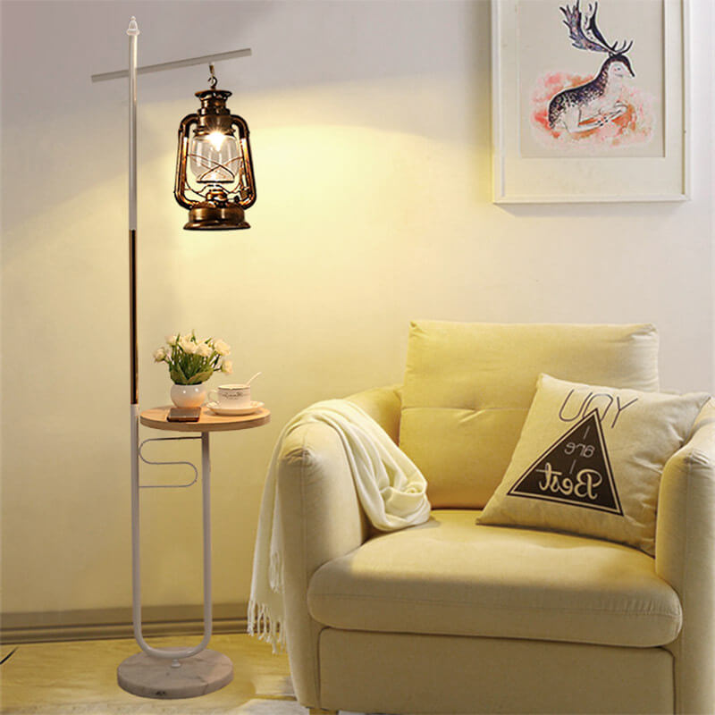European Vintage Simple Lantern Table Iron Wood Marble 1-Light Standing Floor Lamp Lumendat