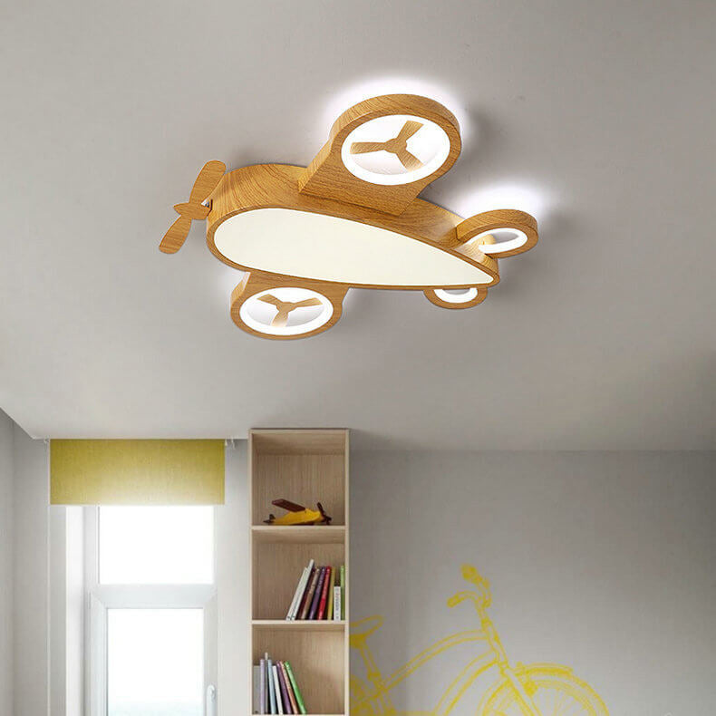 Cartoon Creative Wood Grain Aircraft LED Kids Flush Mount Ceiling Light BulbSquare
