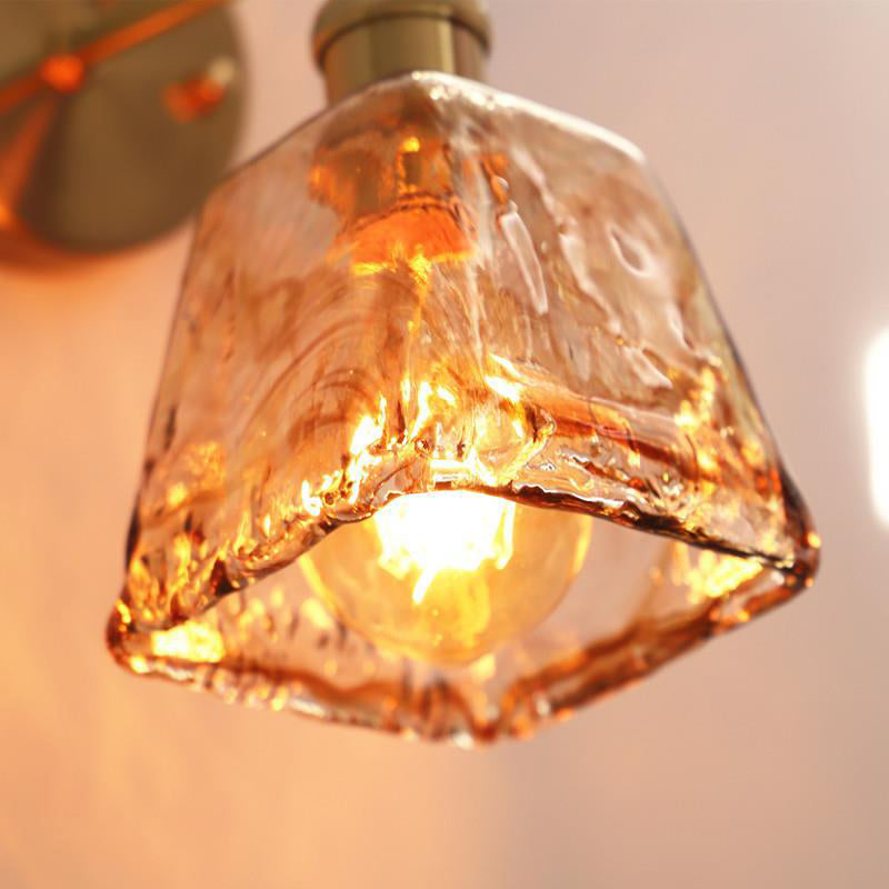 Modern Minimalist Eclectic Amber Glass Brass Iron Geometric 1-Light Wall Sconce Lamp For Living Room Lumendat