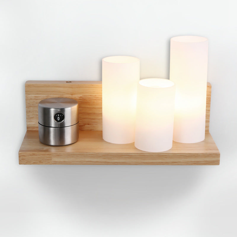 Japanese Minimalist Cylindrical Wooden Glass 1-Light Wall Sconce Lamp Lumendat