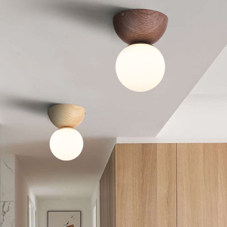 Japanese Minimalist Wood Grain Glass Round 1-Light Flush Mount Ceiling Light Lumendat