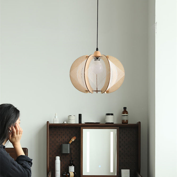 Traditional Japanese Pumpkin Round Twine Rope Wooden 1-light Pendant Light for Bedroom