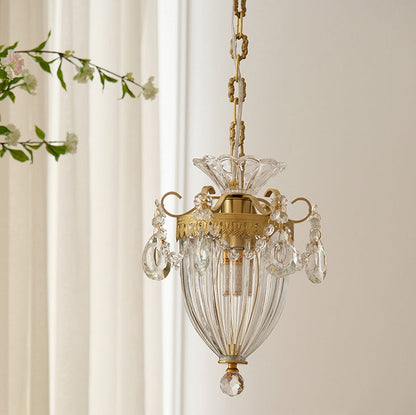 Traditional French Lantern Carved Copper Crystal 1-light Pendant Light for Living Room