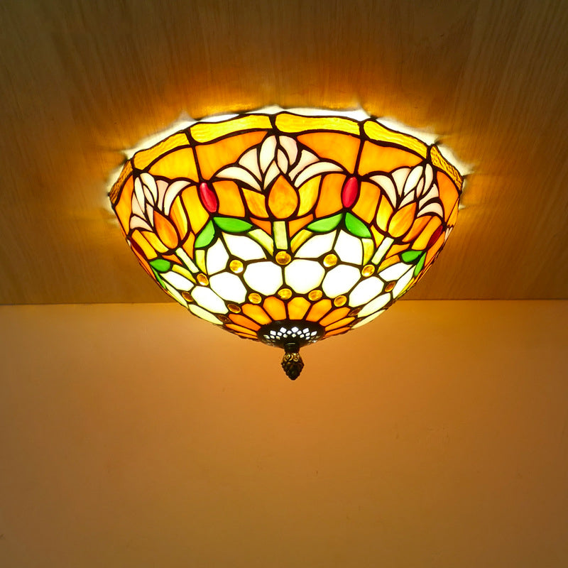 Traditional Tiffany Tulip Stained Glass Iron Dome 2/3-light Flush Mount Ceiling Light for Living Room