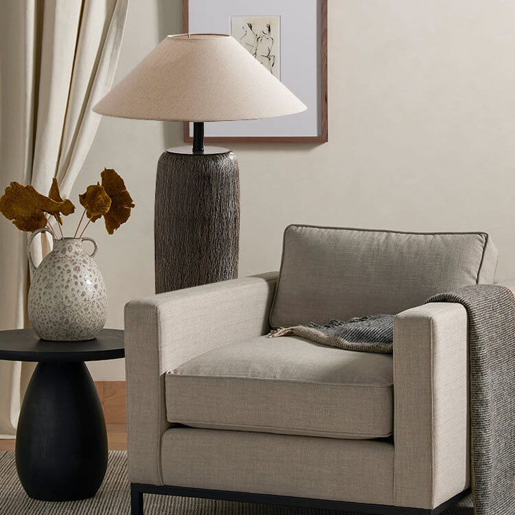 Japanese Wabi-sabi Fabric Shade Ceramic Column Base 1-Light Standing Floor Lamp Lumendat
