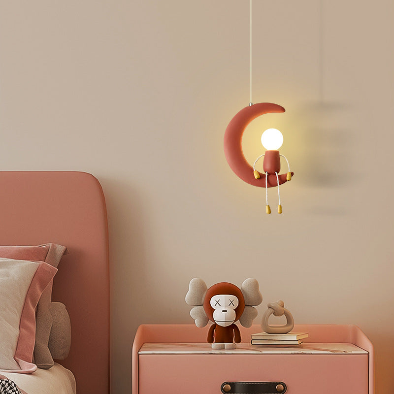 Lumendat Contemporary Nordic Kids Iron Resin Glass Moon Doll 1-Light Pendant Light For Bedside Lumendat
