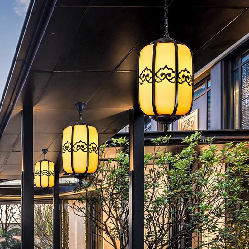 Traditional Chinese Imitation Marble Lantern Shade Aluminum 1-light Waterproof Pendant Light for Outdoor Patio