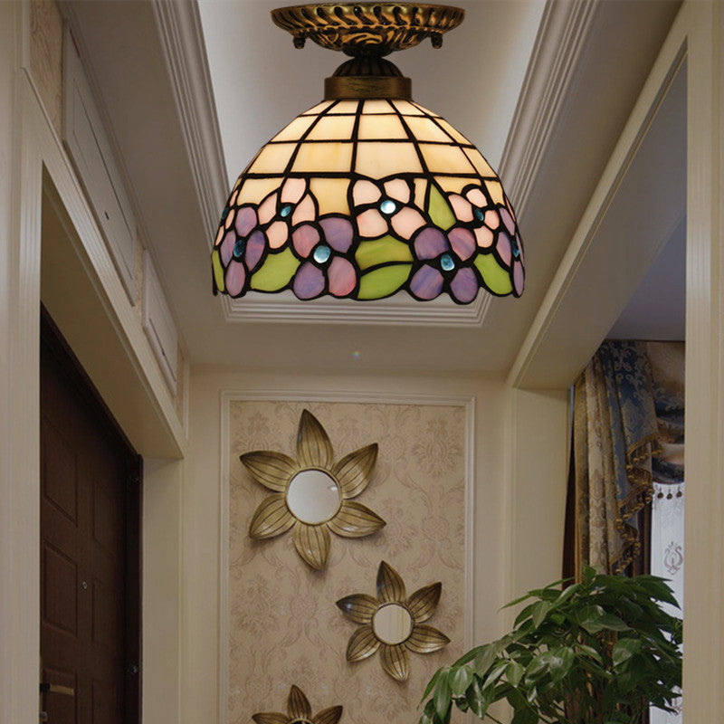 Traditional Tiffany Pastoral Purple Flower Stained Glass Bowl-shaped 1-light Semi-flush Mount Ceiling Light for Living Room
