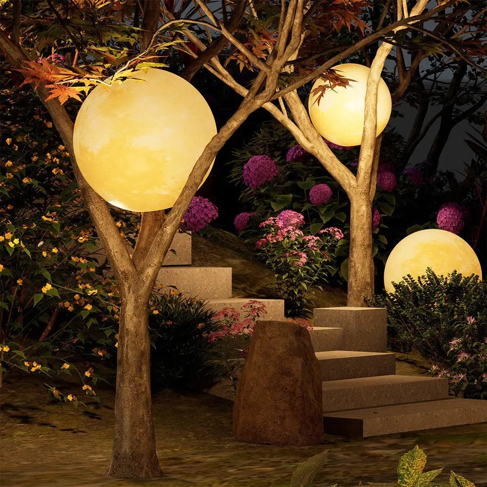 Contemporary Nordic Solar Waterproof Pe Resin Round Moon LED Pendant Light for Outdoor Patio Lumendat