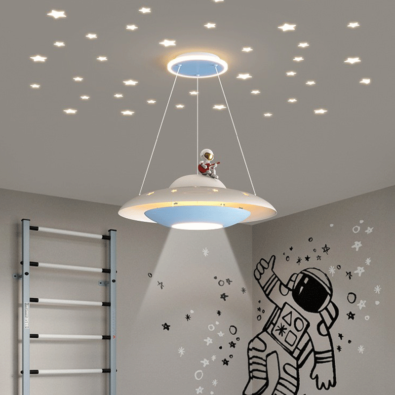 Lumendat Modern Art Deco Kids Iron Acrylic UFO Spaceship Astronaut Round LED Pendant Light For Bedroom Lumendat