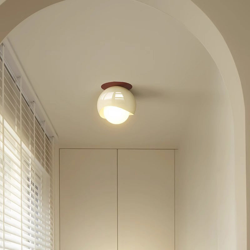 Contemporary French Cream Iron Glass Spherical Ball 1-light Semi-flush Mount Ceiling Light for Hallway