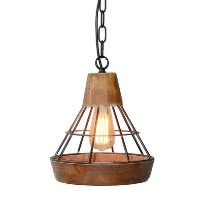 French Industrial Wrought Iron Wood Funnel Frame 1-Light Pendant Light