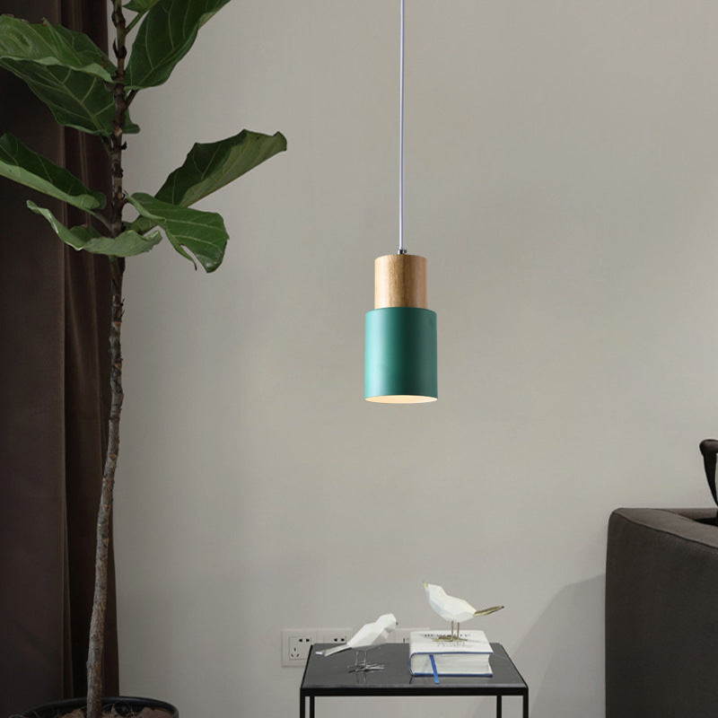 Contemporary Nordic Cylinder Metal Wood 1-light Pendant Light for Living Room
