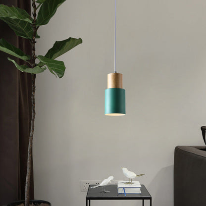 Contemporary Nordic Cylinder Metal Wood 1-light Pendant Light for Living Room
