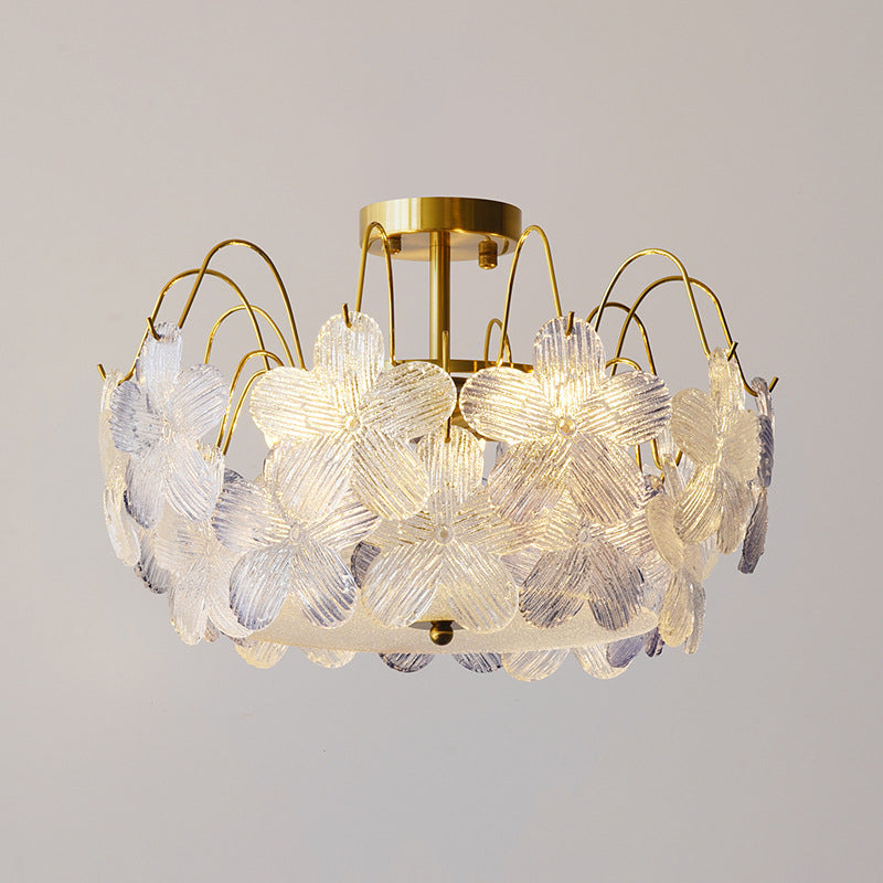 Traditional French Iron Glass Round Flower 5/6 Light Semi-flush Mount Ceiling Light for Living Room