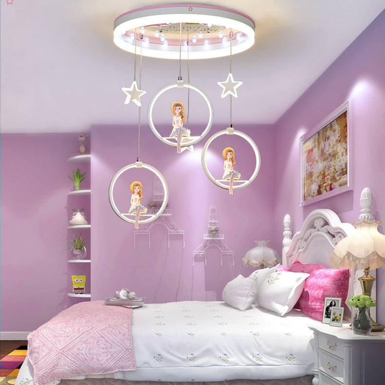 Modern Art Deco Round Astronaut Fairy Princess Acrylic Iron LED Flush Mount Ceiling Light for Bedroom