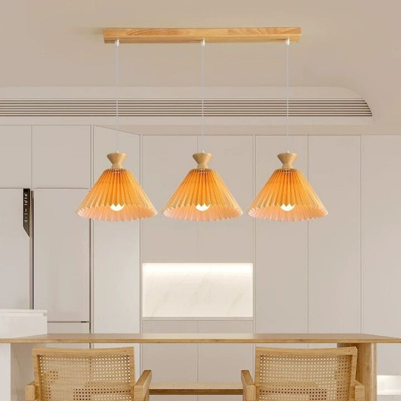 Nordic Wooden Pleated Cone 1/3 Light Island Light Chandelier BulbSquare