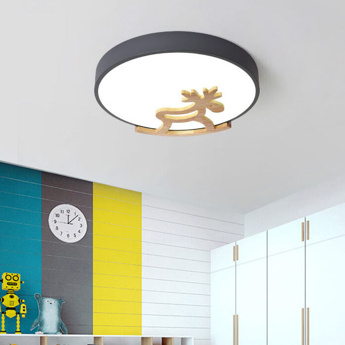 Lumendat Macaron Creative Wooden Horse Shape Round LED Kids Flush Mount Ceiling Light Lumendat
