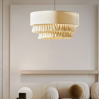 Contemporary Boho Fabric Cylinder Shade Tassel Braided Rope 3-light Chandelier for Living Room
