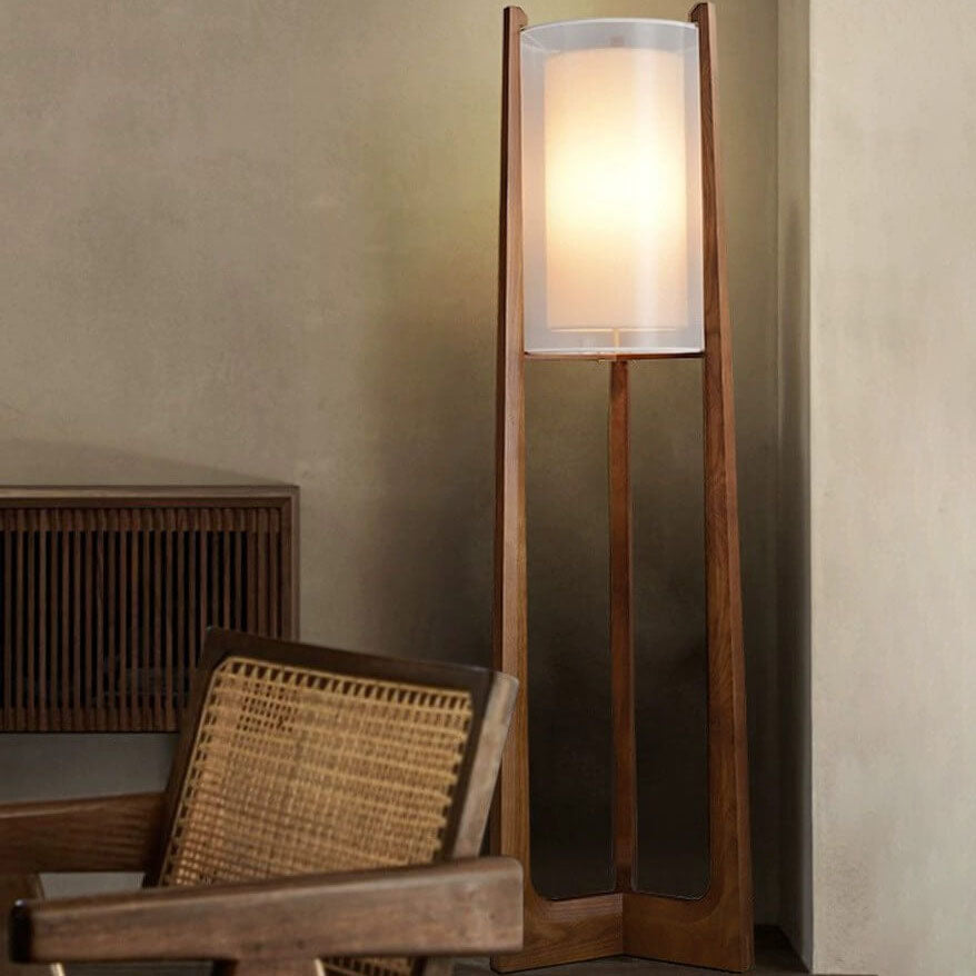 Traditional Japanese Solid Wood Brass Fabric Column 1-Light Standing Floor Lamp For Living Room And Bedroom Lumendat