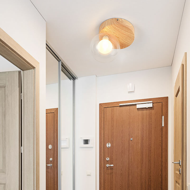 Japanese Minimalist Glass Iron Woodgrain 1-light Semi-flush Mount Ceiling Light