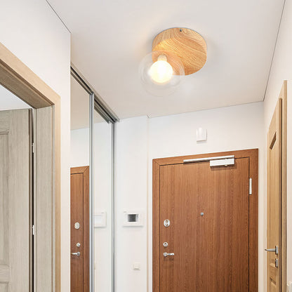 Japanese Minimalist Glass Iron Woodgrain 1-light Semi-flush Mount Ceiling Light