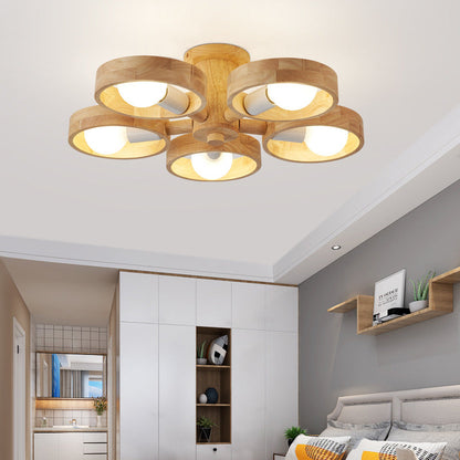 Contemporary Nordic Round Rotatable Rubber Wood 3/5 Light Semi-flush Mount Ceiling Light for Living Room