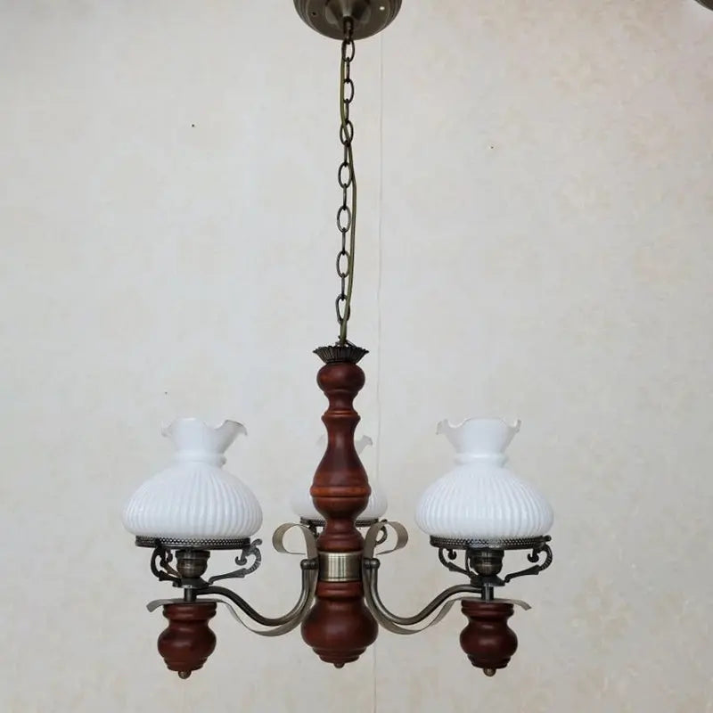 Traditional Rustic Candelabra Round Flower Iron Solid Wood 3-light Chandelier for Living Room BulbSquare
