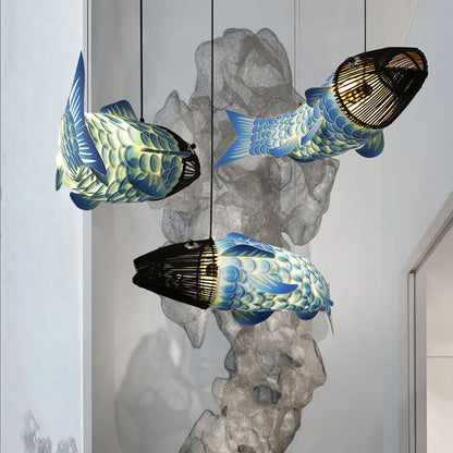 Traditional Chinese Koi Fish Iron Pvc Fabric 2/4 Light Chandelier for Dining Room