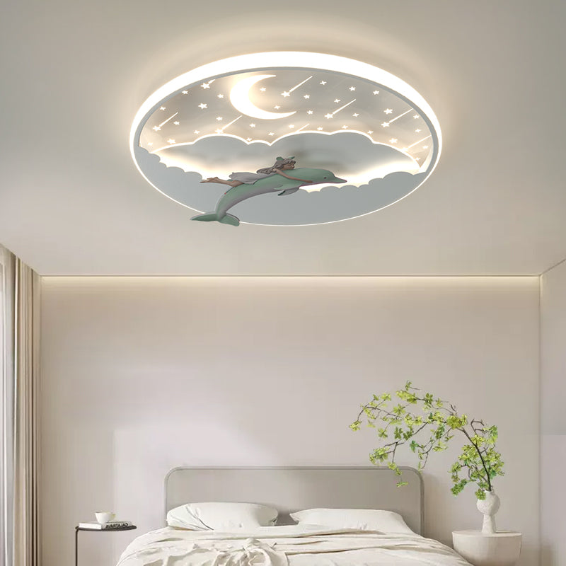 Modern Art Deco Dolphin Round Acrylic Iron LED Flush Mount Ceiling Light for Living Room