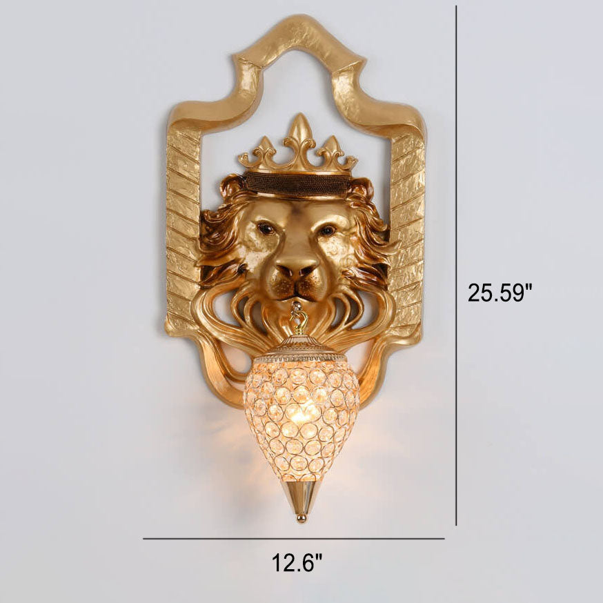 Vintage Lion Head Lantern Resin Crystal 1-Light Wall Sconce Lamp
