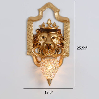 Vintage Lion Head Lantern Resin Crystal 1-Light Wall Sconce Lamp