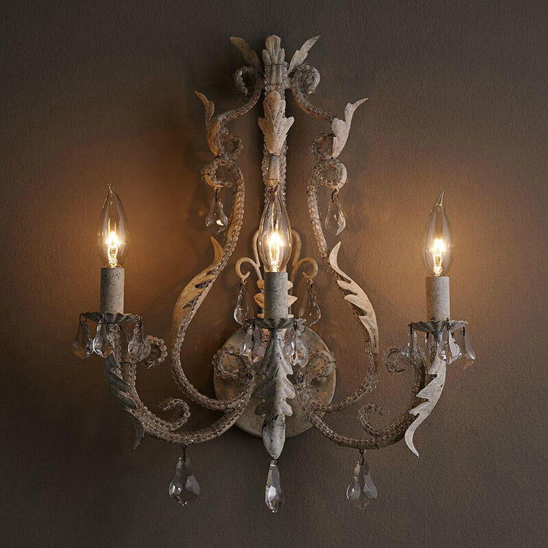 French Vintage Iron Crystal Hardware 3-Light Wall Sconce Lamp Lumendat