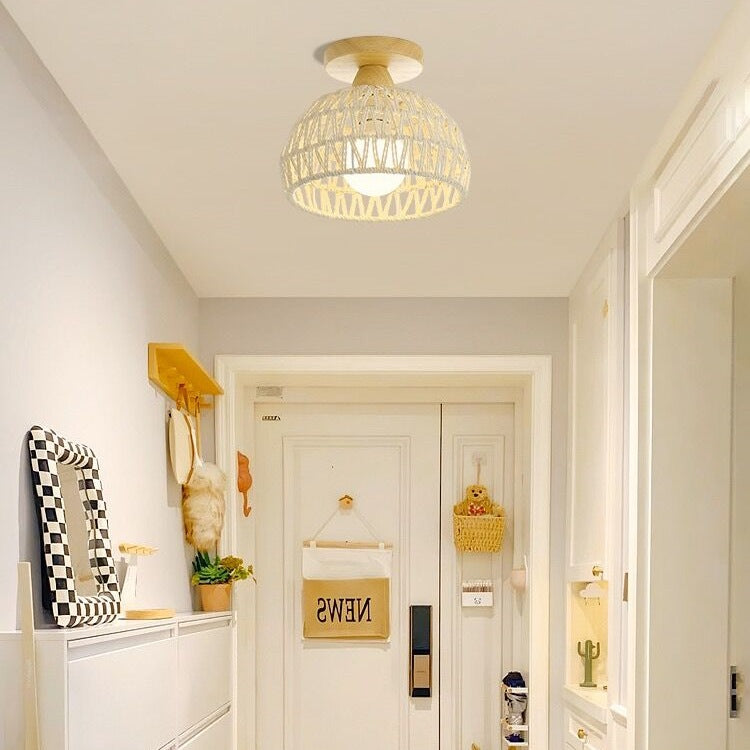 Traditional Japanese Rattan Art Round 1-Light Semi-Flush Mount Ceiling Light For Entryway Lumendat