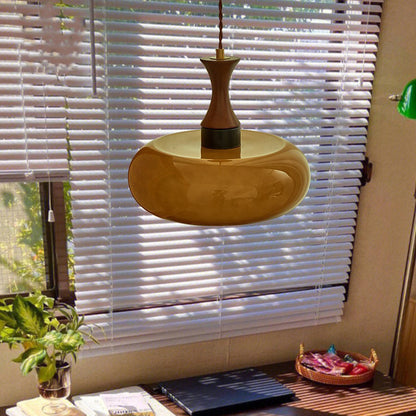 Contemporary Retro Wood Iron Glass Drum Round 1-light Pendant Light for Dining Room