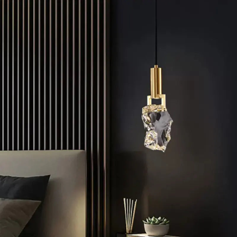 Modern Luxury Copper Irregular Crystal Stone LED Pendant Light for Living Room BulbSquare