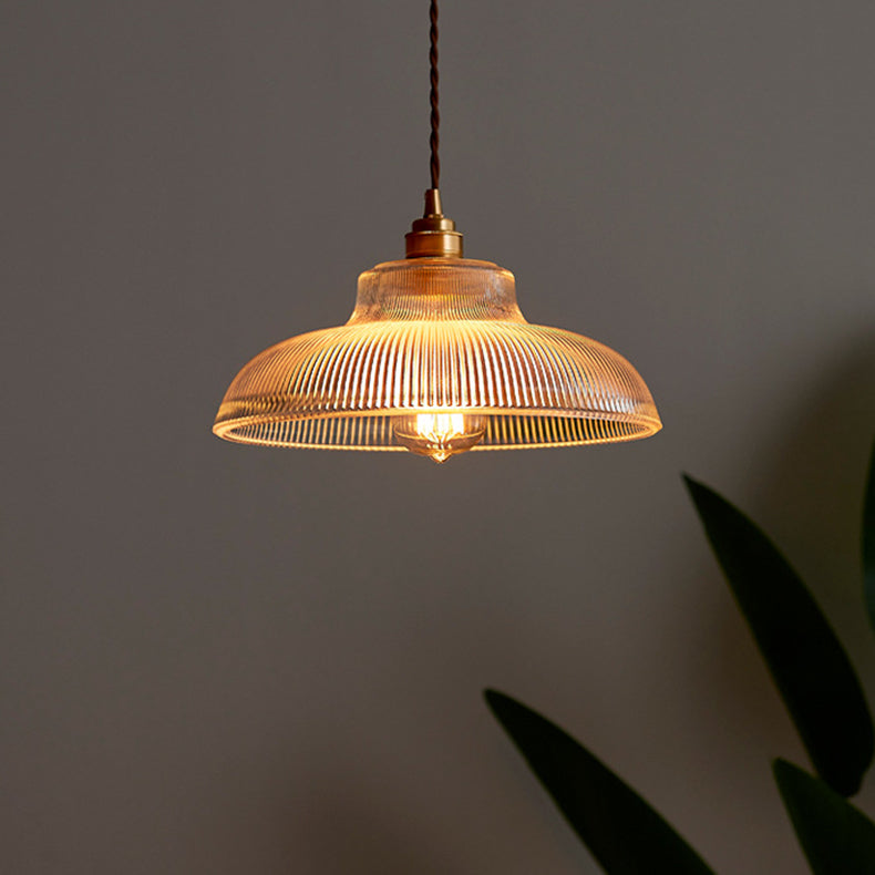Traditional Vintage Ribbed Glass Disc Shade Brass 1-light Pendant for Living Room