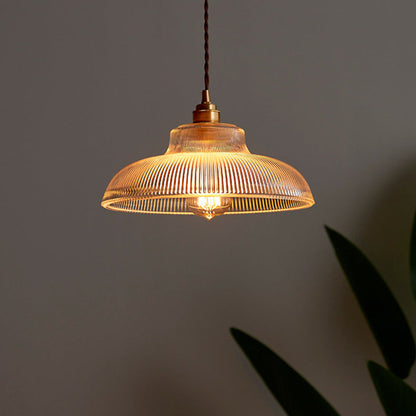 Traditional Vintage Ribbed Glass Disc Shade Brass 1-light Pendant for Living Room
