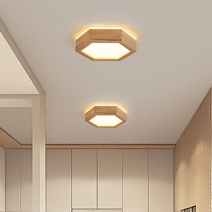 Traditional Japanese Hexagon Wood Acrylic LED Flush Mount Ceiling Light for Living Room