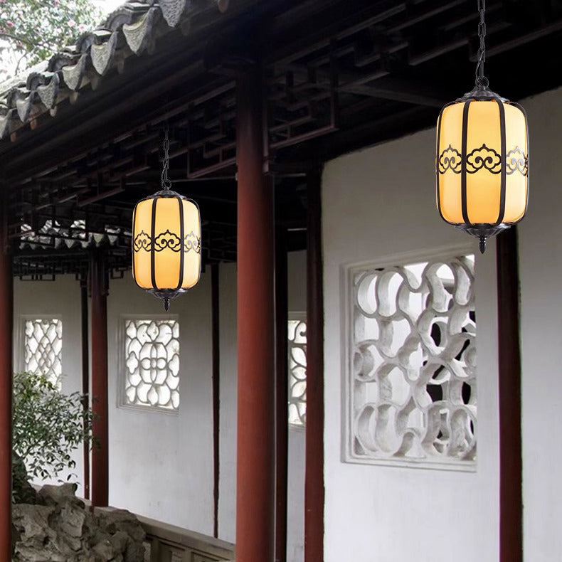 Traditional Chinese Imitation Marble Lantern Shade Aluminum 1-light Waterproof Pendant Light for Outdoor Patio