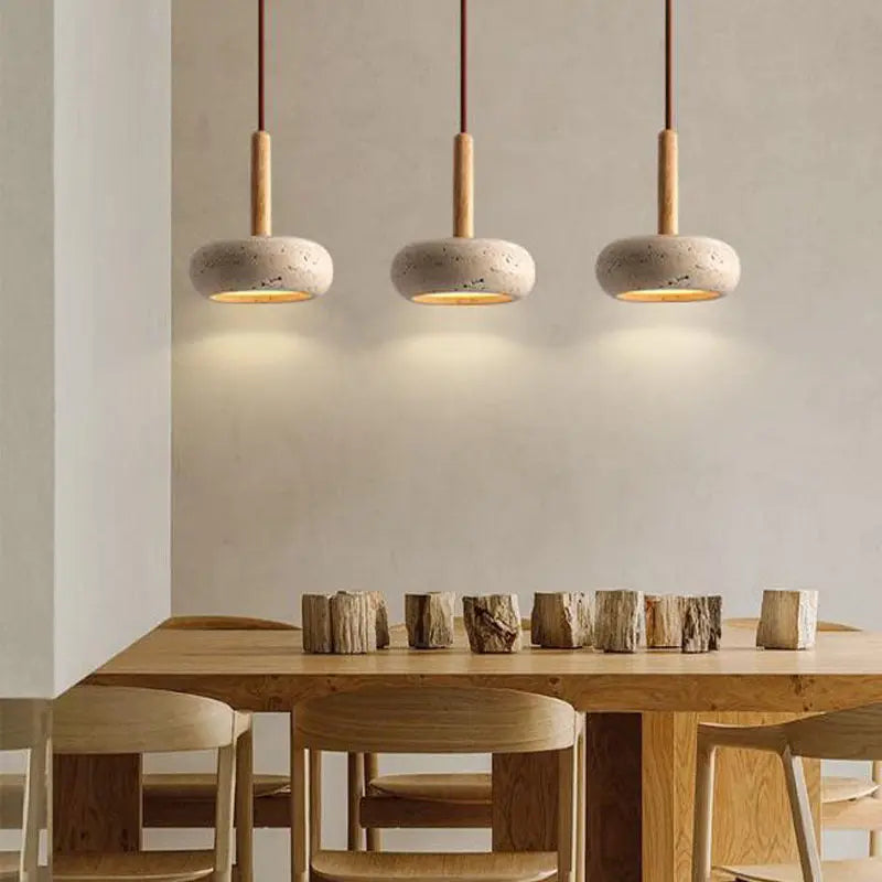 Contemporary Scandinavian Oval Solid Wood Yellow Travertine LED Pendant Light for Living Room BulbSquare