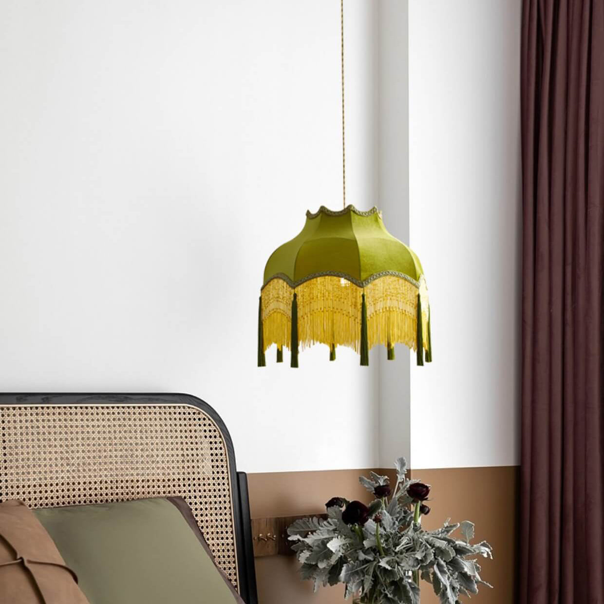 French Vintage Fabric Tassel Lampshade Brass 1-light Pendant Light