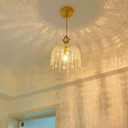 Modern Art Deco Brass Checkered Glass Shade Crystal Beads 1-light Pendant Light for Living Room