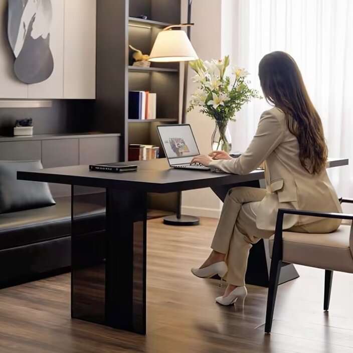Modern Minimalist Oak & Acrylic Rectangular Desk With Wireless Charging And Outlet For Bedroom & Home Office Lumendat