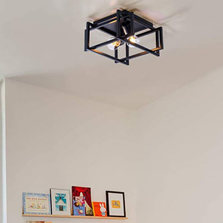 Contemporary Industrial Square Iron 2-light Semi-flush Mount Ceiling Light for Living Room