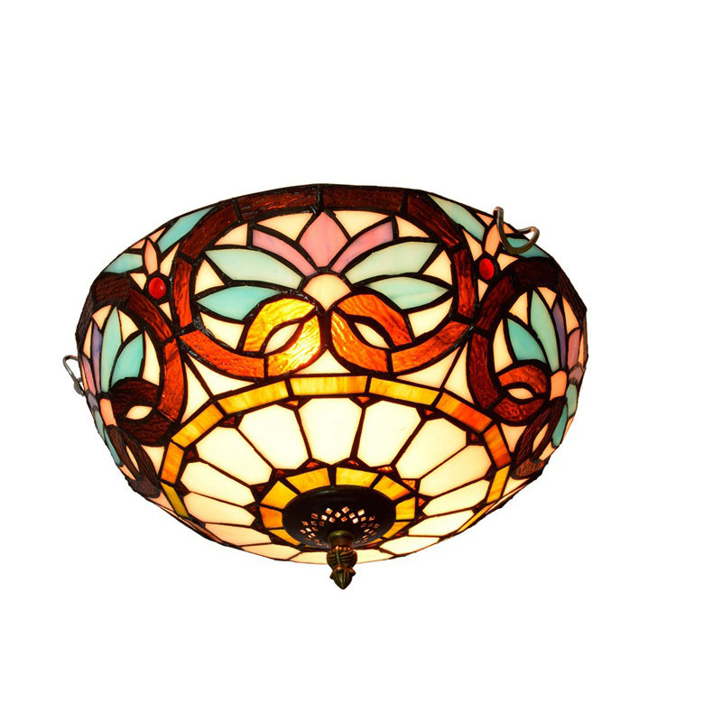 Traditional Tiffany Dome Iron Glass 2-light Flush Mount Light for Living Room