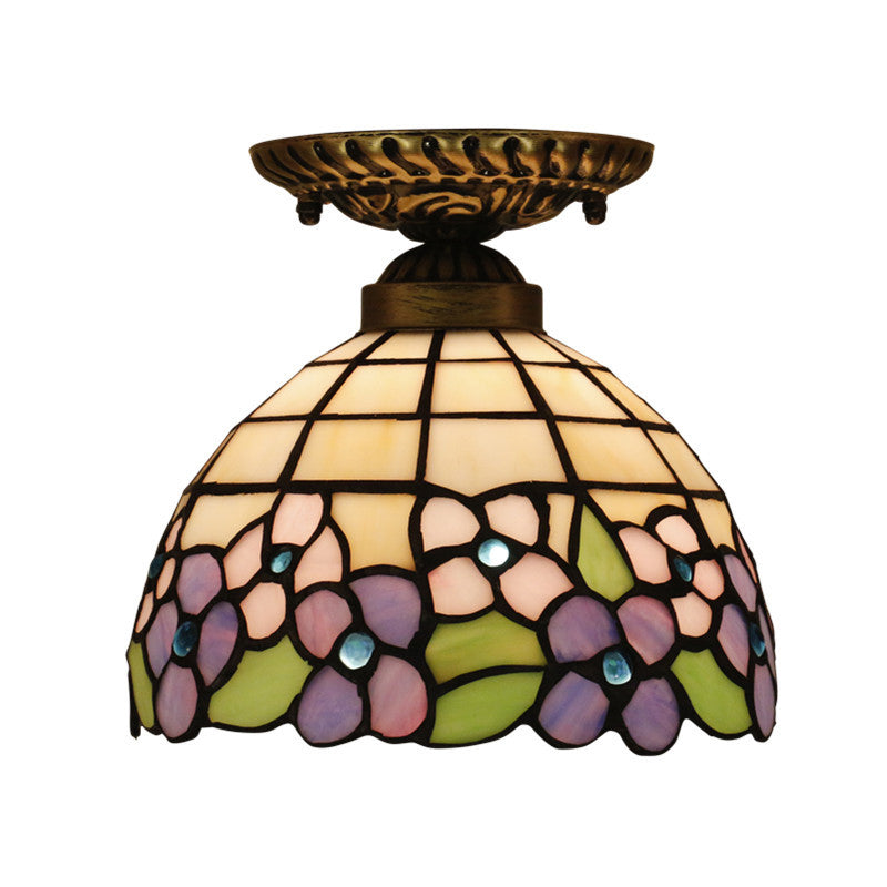 Traditional Tiffany Pastoral Purple Flower Stained Glass Bowl-shaped 1-light Semi-flush Mount Ceiling Light for Living Room