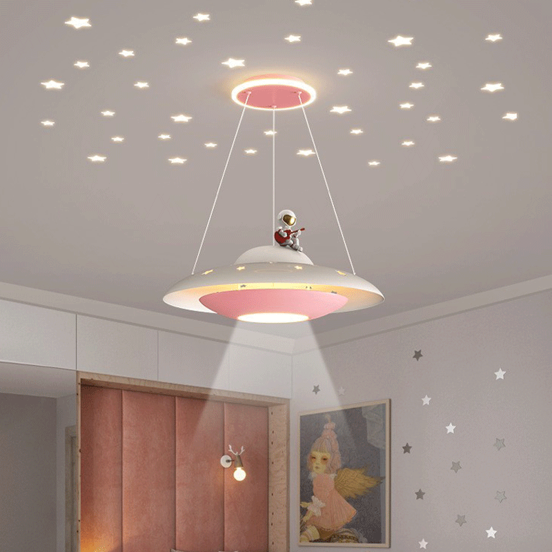 Lumendat Modern Art Deco Kids Iron Acrylic UFO Spaceship Astronaut Round LED Pendant Light For Bedroom Lumendat