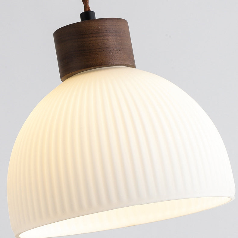 Traditional Japanese Walnut Glass Ball Round Bottle Ribbed 1-light Pendant Light for Dining Room